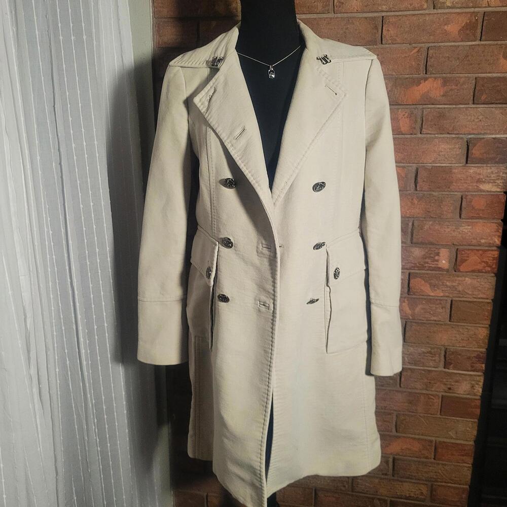 Zara Woman Double-Breasted Military-Style Collared Ecru Colored Coat - Size L - Picture 2 of 9